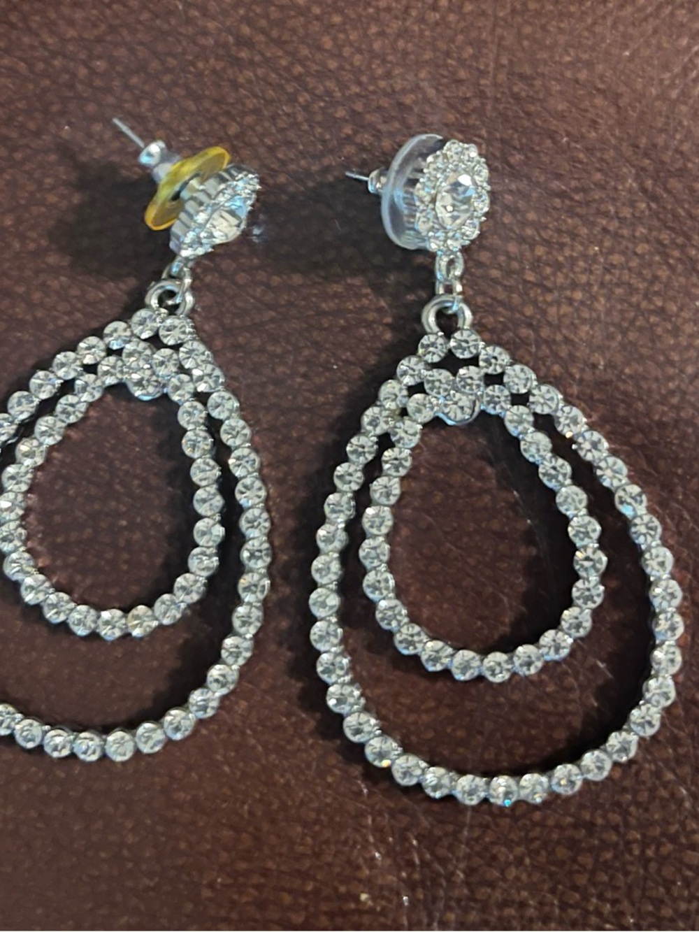 Crystal Double Teardrop Dangle Earrings - Silver Tone